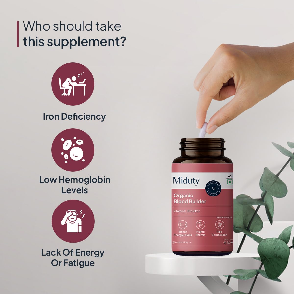 Miduty by Palak Notes Organic Blood Builder, Anemia Supplement, Green Amla, Barley Leaves, Beet Root, Organic Iron Supplement, Hemoglobin Booster, Increase HB, Organic Blood Builder Pack - 60 Caps