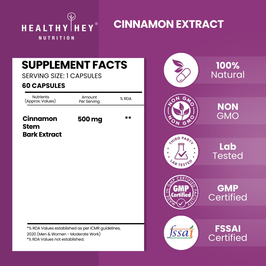 HealthyHey Nutrition Cinnamon Extract 10:1 Ratio - Support Healthy Glucose Levels -60 Veg. Capsules