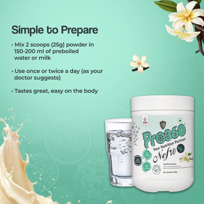 Pro360 Nefro LP Powder Vanilla Flavour â€“ 400g Low Protein Nutrition Supplement for Kidney Health (Non-Dialysis) â€“ Vanilla Protein Powder Enriched with L-Taurine, L-Carnitine & Essential Nutrients