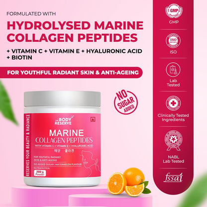 The Body Reserve Marine Collagen Peptides (Watermelon, 200g) | With Vitamin C, Vitamin E, Sodium Hyaluronate & Biotin | Supplement for Healthy Skin, Hair & Nails | Hydrolyzed Fish Powder for Women & Men