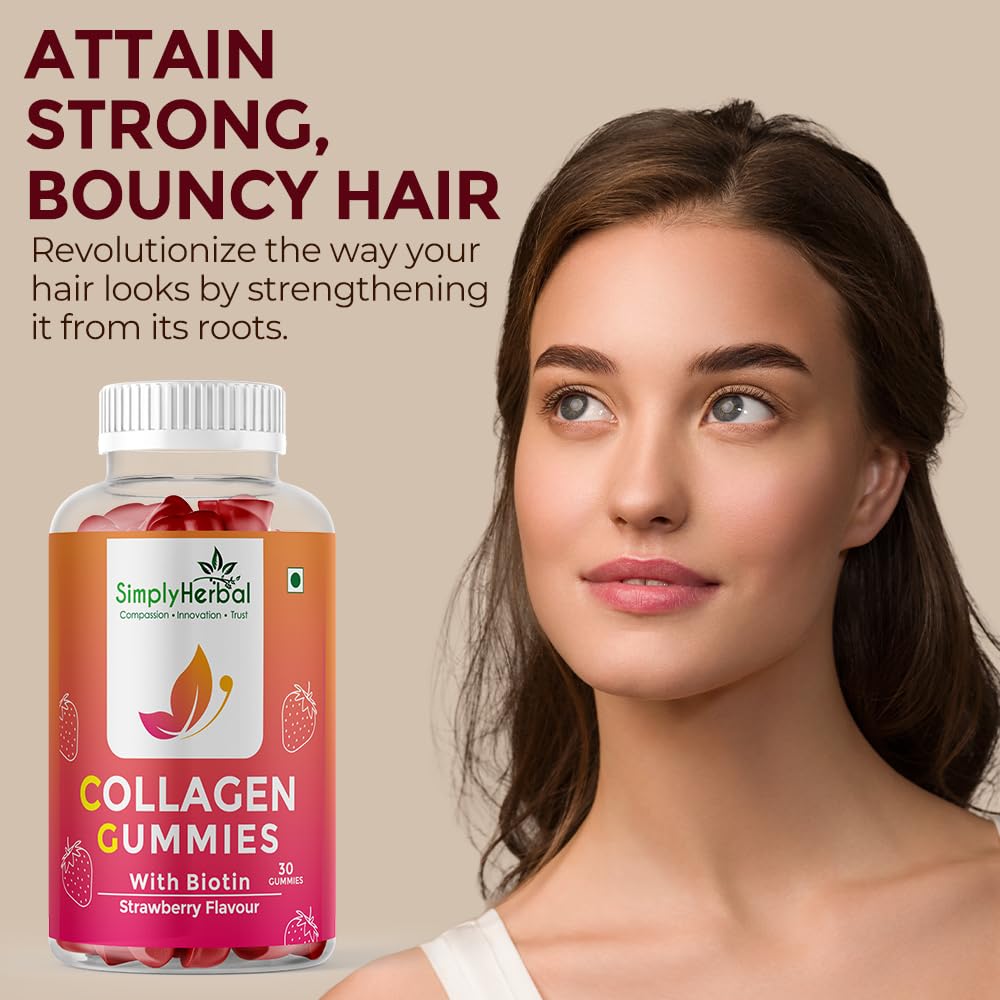 Simply Herbal Skin Collagen Builder with Biotin & Hyaluronic Acid | Hair & Skin Support for Men & Women | 30 Strawberry-Flavored Gummies