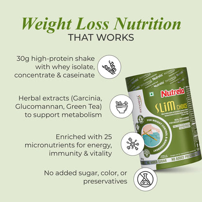 Nutrela Slim Choice Meal Replacement Protein Shake for Weight Loss- 500gm Vanilla Flavor | Weight Management supplement Powder | Goodness of Garcinia Cambogia, Rose Hips & Green Coffee Extract