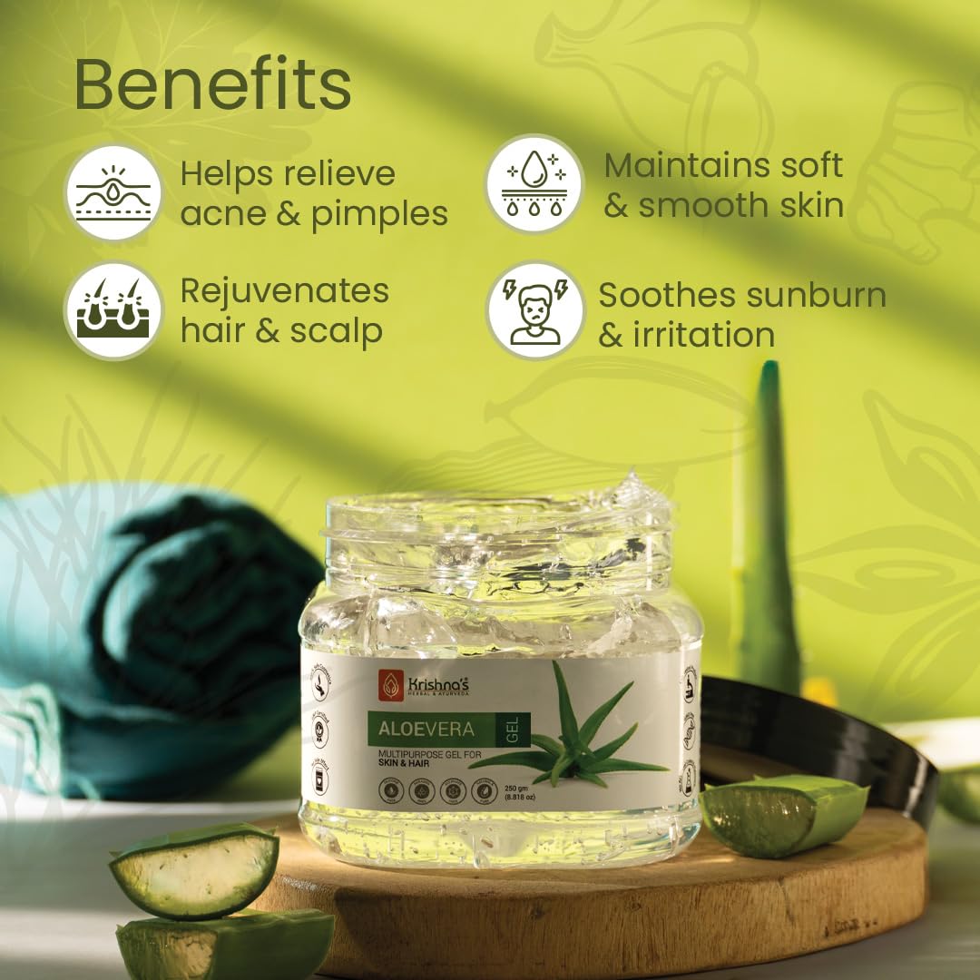 KRISHNA'S HERBAL & AYURVEDA Aloe Vera Gel - 250 G, Pure White Non-Sticky Transparent 3 In 1 Aloe Fresh Soothing Gel For Skin, Body & Hair, Vitamin E Natural Emollients, Dark Spots And Acne