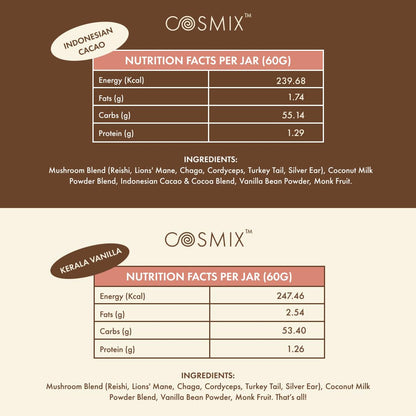 Cosmix Shroom Immune Coffee Booster | Immunity Boosting, Prevent Caffeine Crash | Superfood Blend with Reshi, Chaga & Sliver Ear | No Added Sugar | Vegan| 60g - 40 servings (Real Kerala Vanilla Bean)