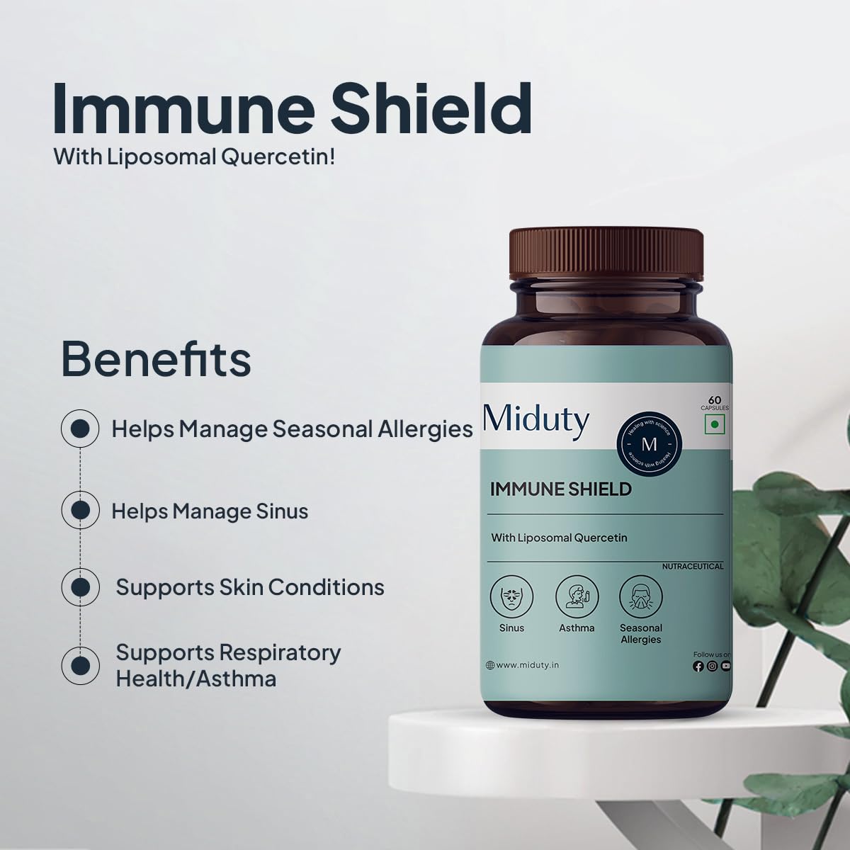 Miduty by Palak Notes Immune Shield Bromelain For Seasonal Allergies, Boost Immunity, Nasal Drip, Difficulty Breathing, Nasal Congestion - Asthma - Allergy Medicine, Anti-Inflammatory - 60 Caps