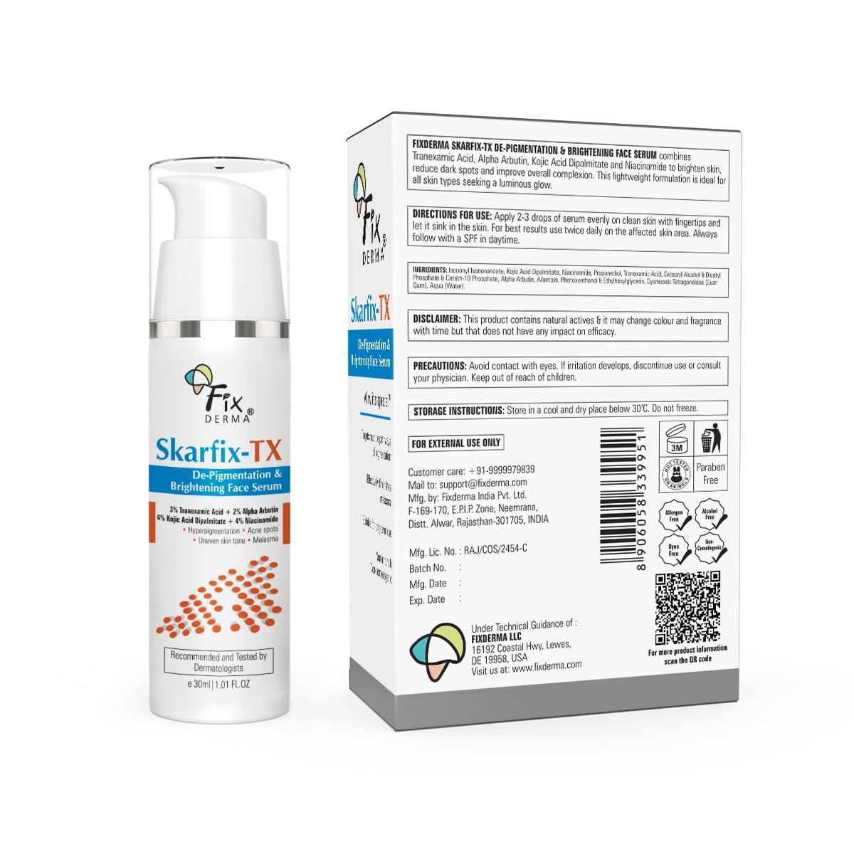 Fixderma Skarfix - TX with Tranexamic Acid + 4% Kojic Acid + 4% Niacinamide & 2% Alpha Arbutin Face Serum for Acne Spots, Melasma & Brightening | Face Serum for Women & Men - 30ml