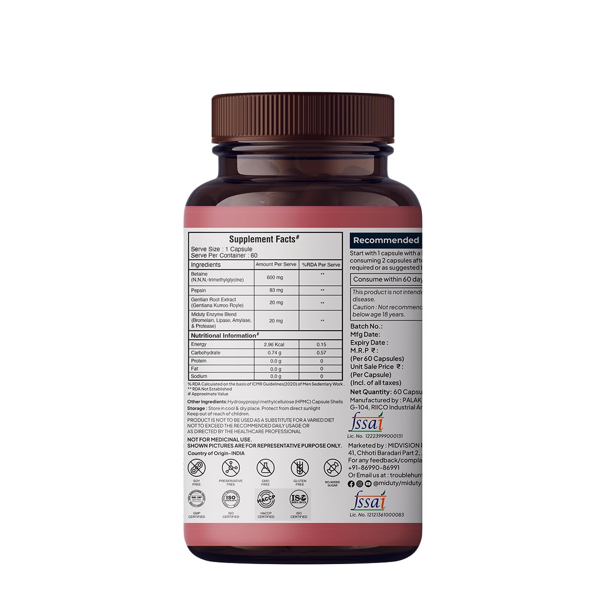 Miduty by Palak Notes Betaine HCL + Pepsin, Betaine HCL Pepsin Capsules Pepsin for Digestion Acidity & Indigestion Betaine HCL Supplement - 60 Capsules