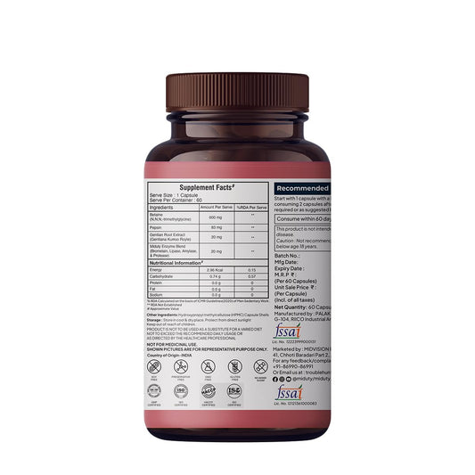 Miduty by Palak Notes Betaine HCL + Pepsin, Betaine HCL Pepsin Capsules Pepsin for Digestion Acidity & Indigestion Betaine HCL Supplement - 60 Capsules