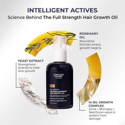 Conscious ChemistÂ® Full Strength Hair Growth Oil | Rosemary, Red Onion & Moringa | With Yeast Extract | 14 Oil Complex | Reduces Hair Fall, Nourishes Scalp & Promotes Hair Growth | For All Hair Types | Women & Men | 100ml