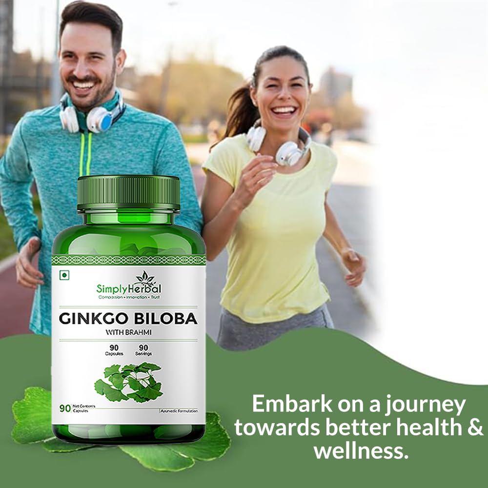 Simply Herbal Ginkgo Biloba 120mg With Bacopa Monnieri Extract Brahmi 380mg for Better Concentration, Improves Blood Circulation, Enhance Alertness, Memory & Learning, 90 Capsules