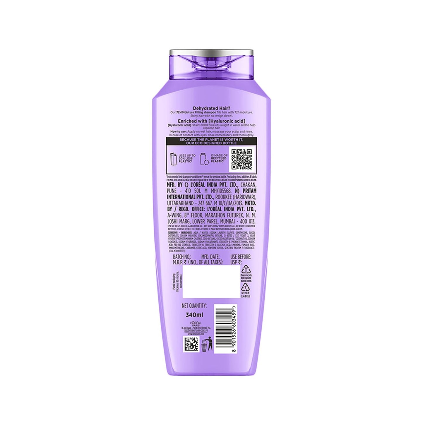 L OrÃ©al Paris Moisture Filling Shampoo, With Hyaluronic Acid, For Dry & Dehydrated Hair, Adds Shine & Bounce, Hyaluron Moisture 72H, 340Ml.