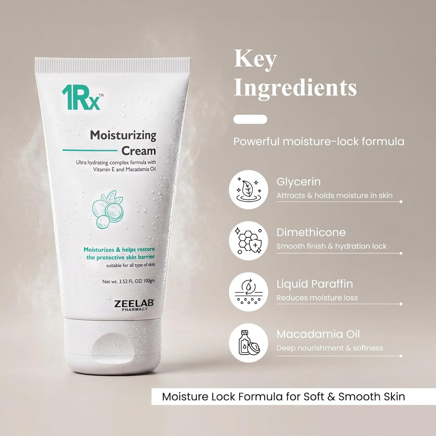 Zeelab 1RX Moisturizing Cream 100gm | Face & Body Moisturizer with Glycerin, Vitamin E & Macadamia Oil | Non-Greasy Daily Hydration Cream for Dry Skin