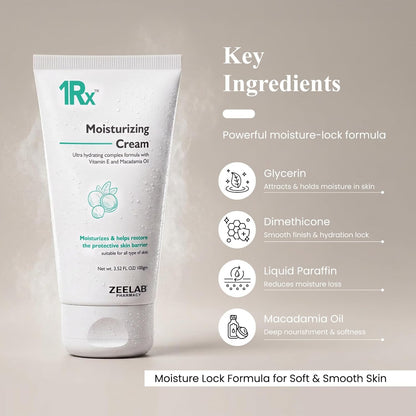 Zeelab 1RX Moisturizing Cream 100gm | Face & Body Moisturizer with Glycerin, Vitamin E & Macadamia Oil | Non-Greasy Daily Hydration Cream for Dry Skin