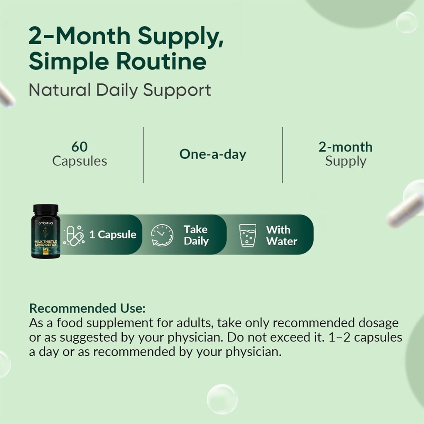 Ambrosial Milk Thistle Liver Detox Supplement| Milk Thistle Capsules for Liver with Dandelion Root | High Strength Herbal Antioxidant Complex for Liver Support (Pack of 1-60 Capsules)