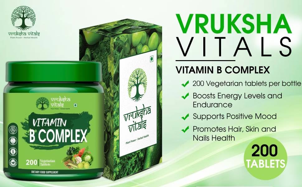 Vruksha Vitals Vitamin B Complex 100% RDA - 200 Tablets/Capsules - B Vitamins Supplement (B1, B2, B3, B5, B6, B7, B9, B12) (With Mecobalamine)