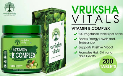 Vruksha Vitals Vitamin B Complex 100% RDA - 200 Tablets/Capsules - B Vitamins Supplement (B1, B2, B3, B5, B6, B7, B9, B12) (With Mecobalamine)
