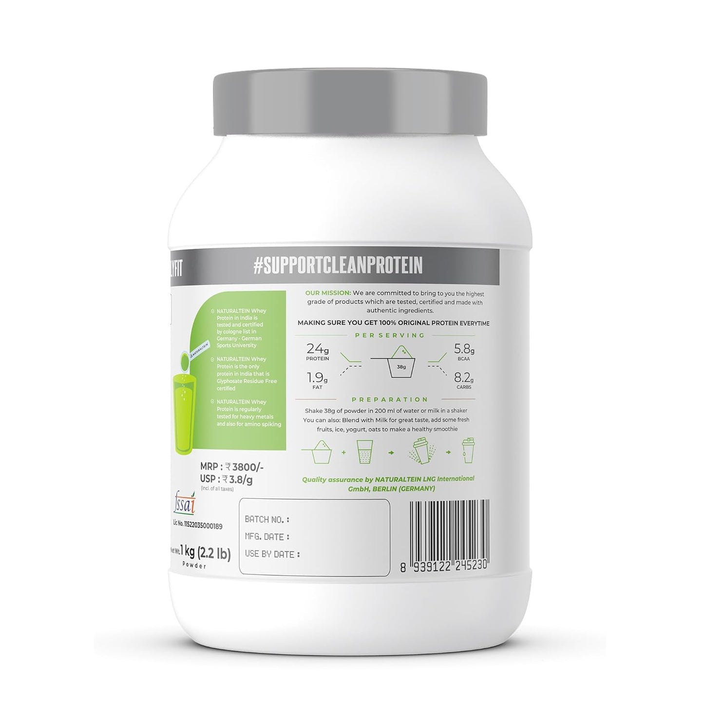NATURALTEIN Natural Whey Protein â€“ 24g Protein per Serving | Pista Kulfi Flavour | Stevia Sweetened | No Added Sugar | Non-GMO | Soy-Free & Gluten-Free | Super Mixability | 1 kg