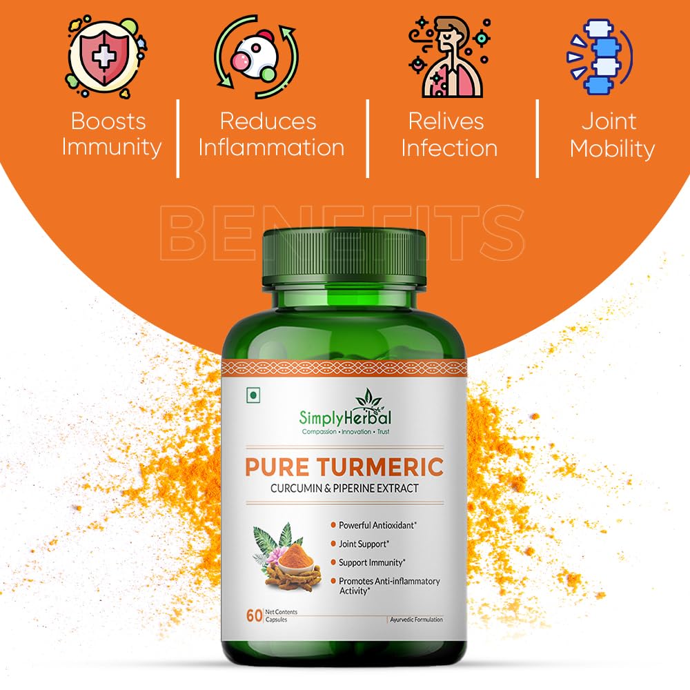 Simply Herbal 800 MG Turmeric Curcumin & Piperine Extract Capsules for Immunity | Immunity Boosters Capsule for Adults | Good for Skin & Joint Pains | Natural and Pure Curcuminoids Capsule, Pack of 1