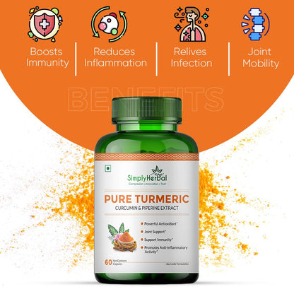 Simply Herbal 800 MG Turmeric Curcumin & Piperine Extract Capsules for Immunity | Immunity Boosters Capsule for Adults | Good for Skin & Joint Pains | Natural and Pure Curcuminoids Capsule, Pack of 1
