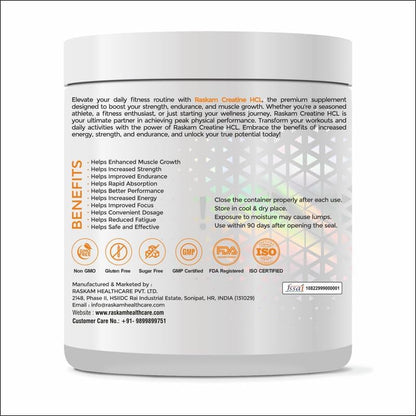 Pure Creatine HCL Supplement 100g (33 Servings)| Unflavored Powder | Improves Muscle Strength & Power | Rapid Absorption