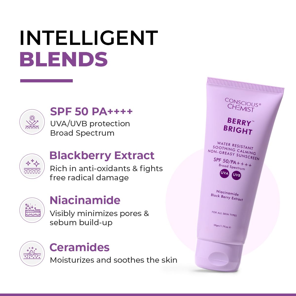 Conscious ChemistÂ® Sunscreen SPF 50 PA++++ In-Vivo Tested | 50g | Sunscreen for Oily Skin, Gel Sunscreen, Niacinamide with Black Berry Extract, Hybrid Lightweight, All Skin Types - Berry Bright