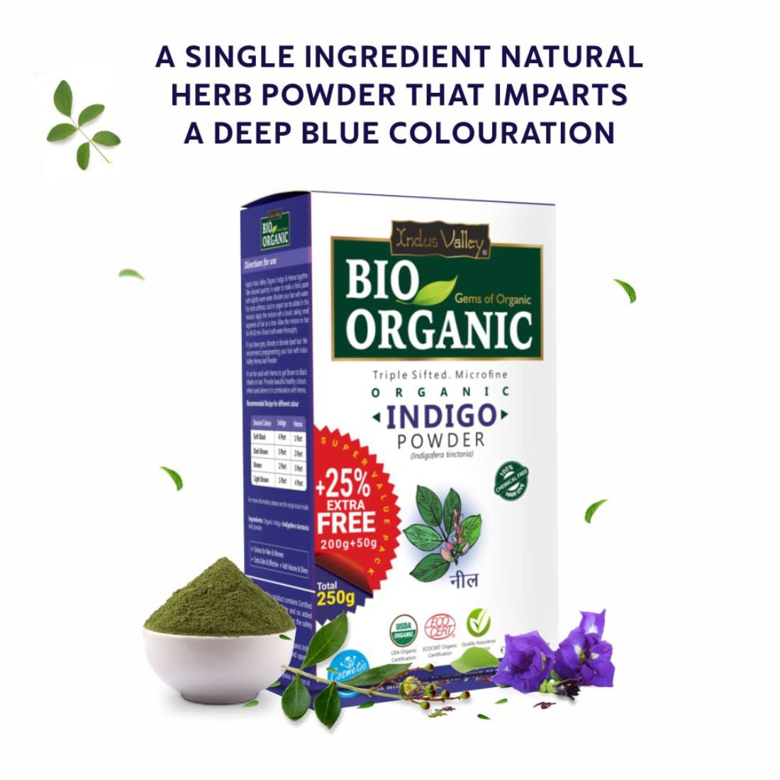 Indus Valley Bio Organic 100% Organic and Herbal Indigo Powder, for Natural Hair Coloring, Arrests Early Greying & Protects hair from Damage (200g+50g)