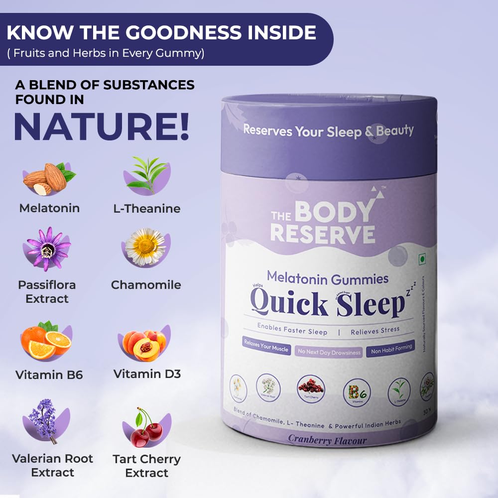 The Body Reserve Quick Sleep Melatonin Gummies For Natural Sleep Aid For Muscle Recovery,Nerve Relaxation & Relieves Stress Vegan,Gluten-Free,Non-Addictive Cranberry Flavours,30 Gummies,No Added Sugar