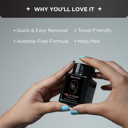 BELLAVITA Dip 'n' Twist Nail Polish Remover with Vitamin E and Almond Oil | Acetone Free Formula| Quick and Easy Removal | Gentle on Nails | 60ml