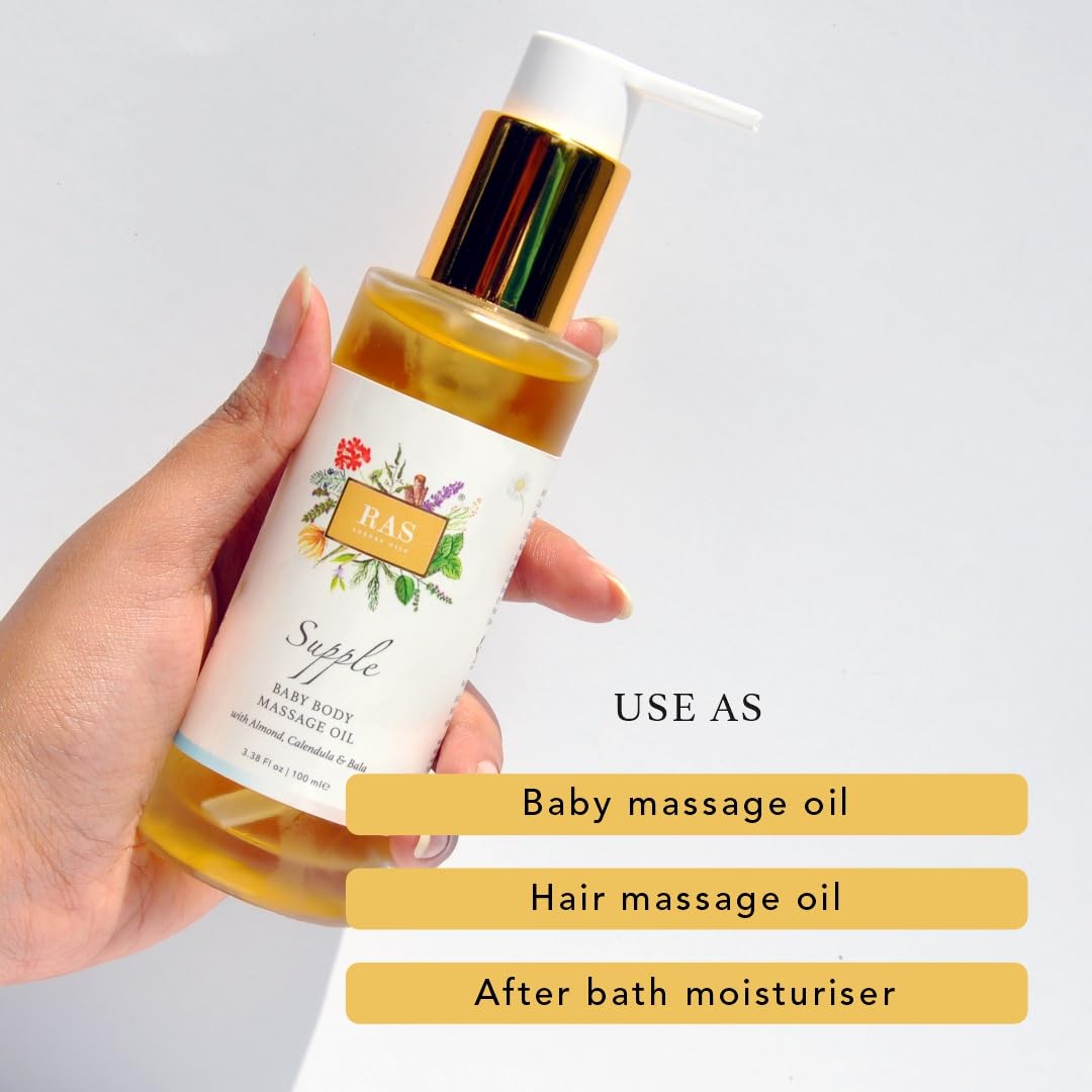 Ras Luxury Oils Supple Baby Body Massage Oil with Calendula & Almond Extract for Soft, Smooth & Strengthen Skin | Non-Sticky, Light weight & Gentle On Baby’s Skin, 100ml