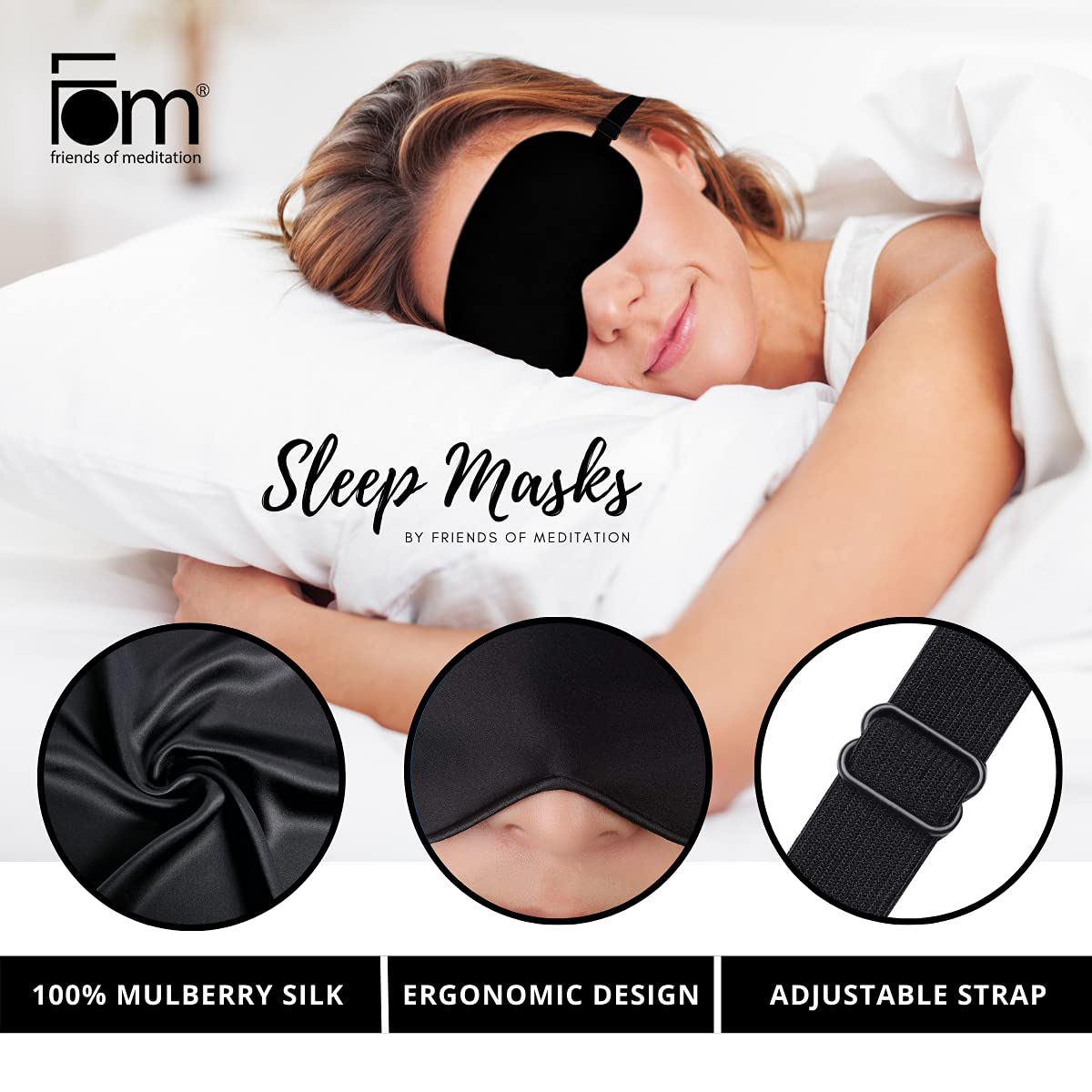 Friends of MeditationÂ® 100% Mulberry Silk Sleep Mask â€“ Pure Silk Eye Mask for Sleeping, Super Smooth Blackout Blindfold, Soft Adjustable Strap, Luxury Eye Cover for Travel, Meditation (Black)