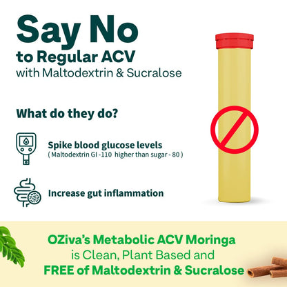 OZiva ACV Moringa | Control Cravings I Apple Cider Vinegar, Cinnamon, Guggul I No Maltodextrin & No Added Sugar I 15 Effervescent Tablets - Lemon Masala, Pack of 2 (30 Tablets)