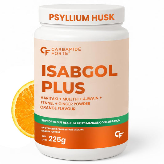 Carbamide Forte Isabgol Powder - 225gm | Psyllium Husk Powder With Haritaki, Ajwain & Fennel | Fiber supplement for Constipation Relief & Digestion | Orange Flavour
