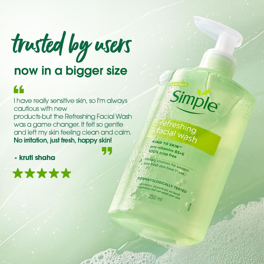 Simple Kind to Skin Refreshing Facial Wash | 100% Soap-Free Gentle Cleanser with Vitamin E & Glycerin | For All Skin Types | Perfect for Sensitive Skin, 250ml