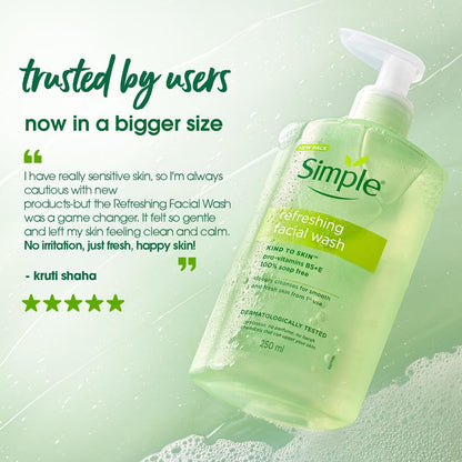Simple Kind to Skin Refreshing Facial Wash | 100% Soap-Free Gentle Cleanser with Vitamin E & Glycerin | For All Skin Types | Perfect for Sensitive Skin, 250ml