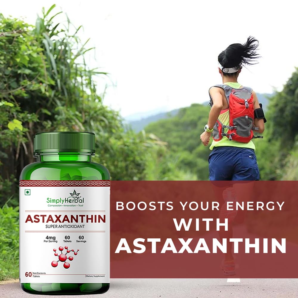 Simply Herbal Astaxanthin 4mg Super Antioxidant, Supplement tablet Promote Healthy Skin & Muscle Health Also Support Heart Function & Immunity (60 Veg Tablets)