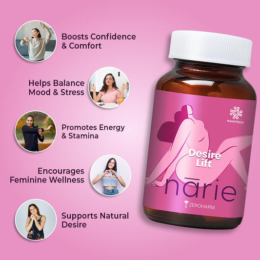 ZEROHARM Narie Desire Lift | with Maca Root, Ginseng, Ashwagandha, Safed Musli, L-Arginine for Intimate Wellness, Confidence, & Energy for Women - Plant Based Supplement - 60 Nano Formulated Capsules