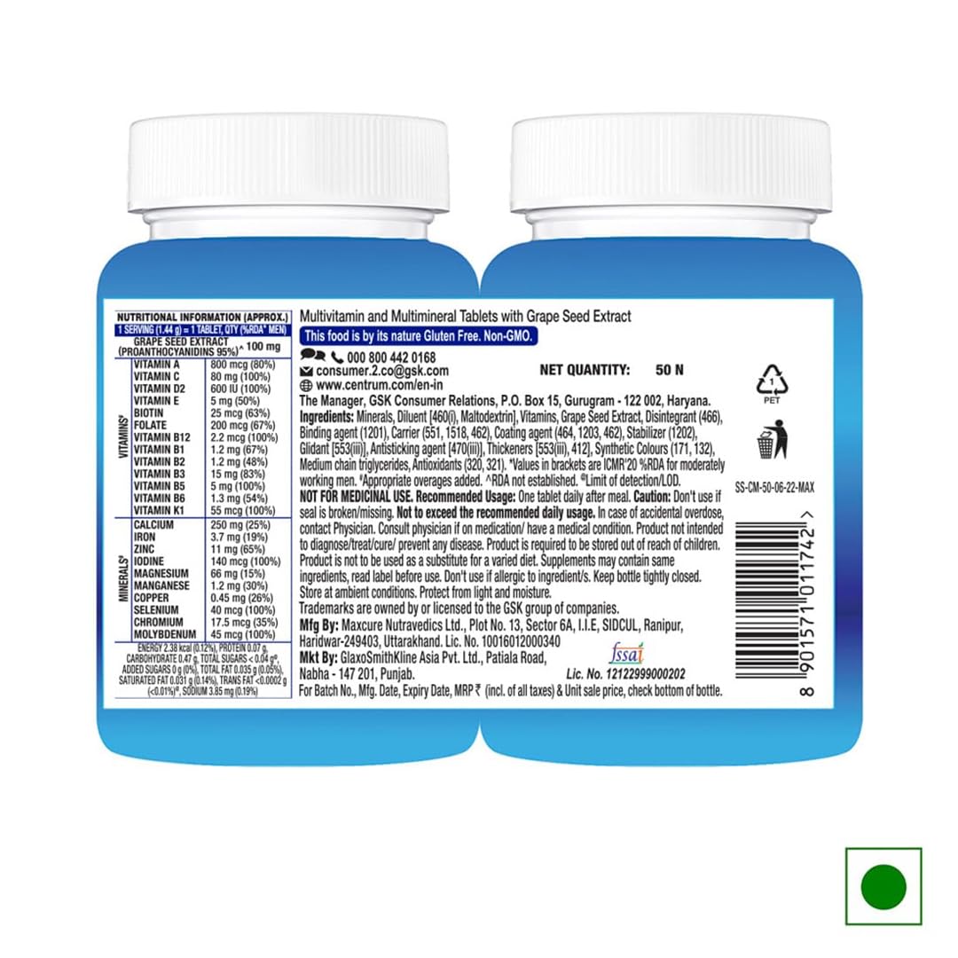 Centrum Men - Multivitamin Tablet for Men | With 23 Vital Nutrients including Zinc, Magnesium, Vitamin B, C, D, Calcium for Energy, Immunity, Muscles and Overall Health | Veg - 50 tablets