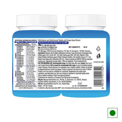 Centrum Men - Multivitamin Tablet for Men | With 23 Vital Nutrients including Zinc, Magnesium, Vitamin B, C, D, Calcium for Energy, Immunity, Muscles and Overall Health | Veg - 50 tablets