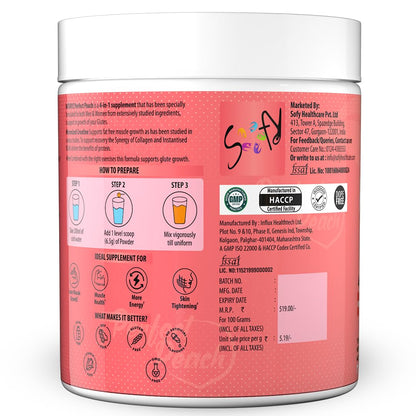 NATURYZ Perfect Peach 4-in-1 GLUTE BUILDER | Micronized Creatine Monohydrate for Women | Booty Gain Collagen | Vegan BCAA 2:1:1 | Electrolytes | Increase Lean Muscle Mass Gain â€“ 100g (Peach Flavour)