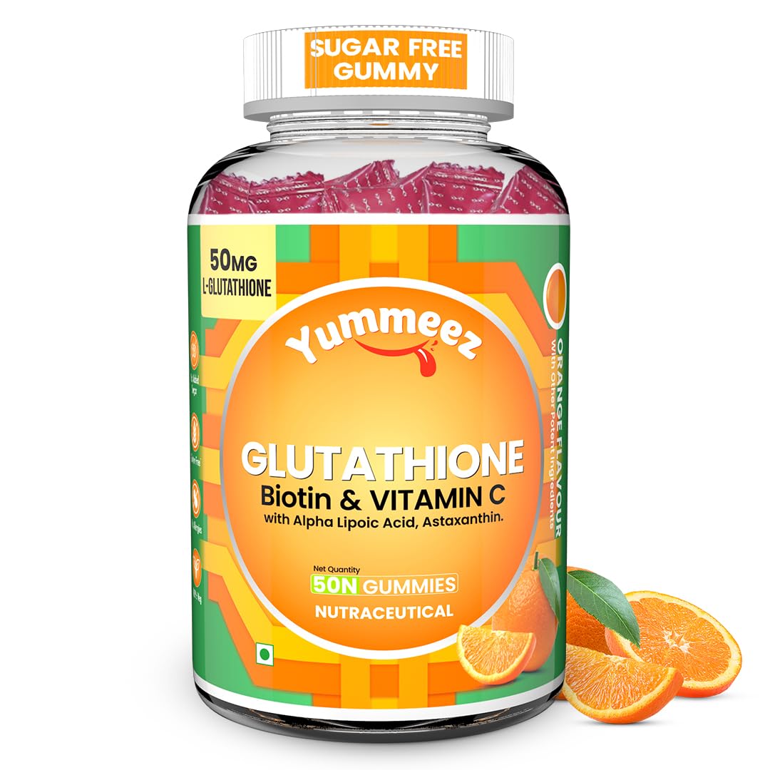 NATURYZ L-Glutathione with Biotin 2-in-1 Gummies | Vitamin C, Vitamin E & Astaxanthin | Skin Glow, Brightening, Depigmentation, Hair Growth for Men & Women | No added sugar- 50 Gummies (Orange)