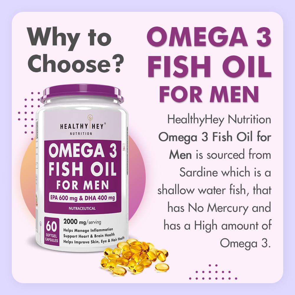 HealthyHey Nutrition Omega 3 Fish Oil for Men - 2000 Mg/serving - 60 Softgel Capsules (600 EPA & 400 DHA)