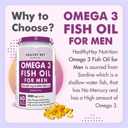 HealthyHey Nutrition Omega 3 Fish Oil for Men - 2000 Mg/serving - 60 Softgel Capsules (600 EPA & 400 DHA)