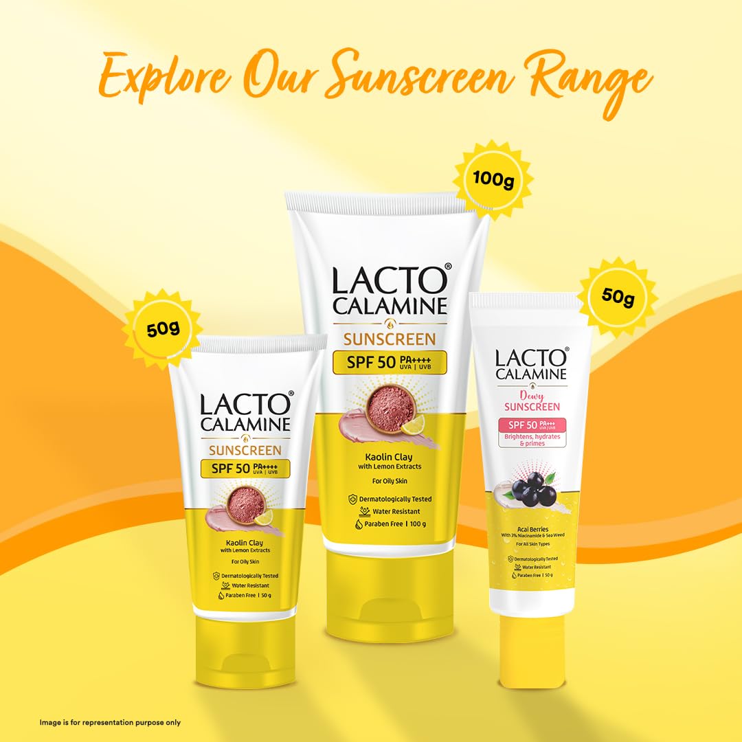 Lacto Calamine Sunscreen SPF 50 | 100g | PA ++++ Sunscreen For Oily Skin | UVA â€“ UVB | Water Resistant & No White Cast | With Kaolin Clay, Vitamin E & Lemon Extracts | Paraben Free