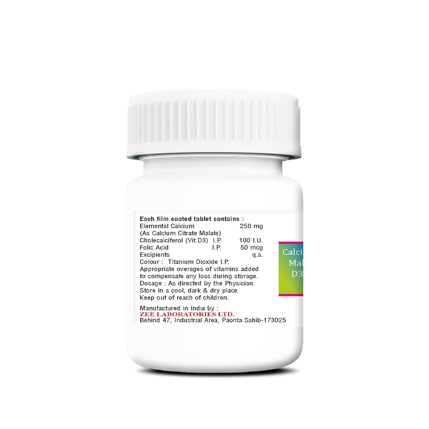 Zeelab Travocal F Tablets | Calcium Citrate Malate (250 mg) + Vitamin D3 100 IU + Folic Acid (50 mcg) (30 Tablets Jar)