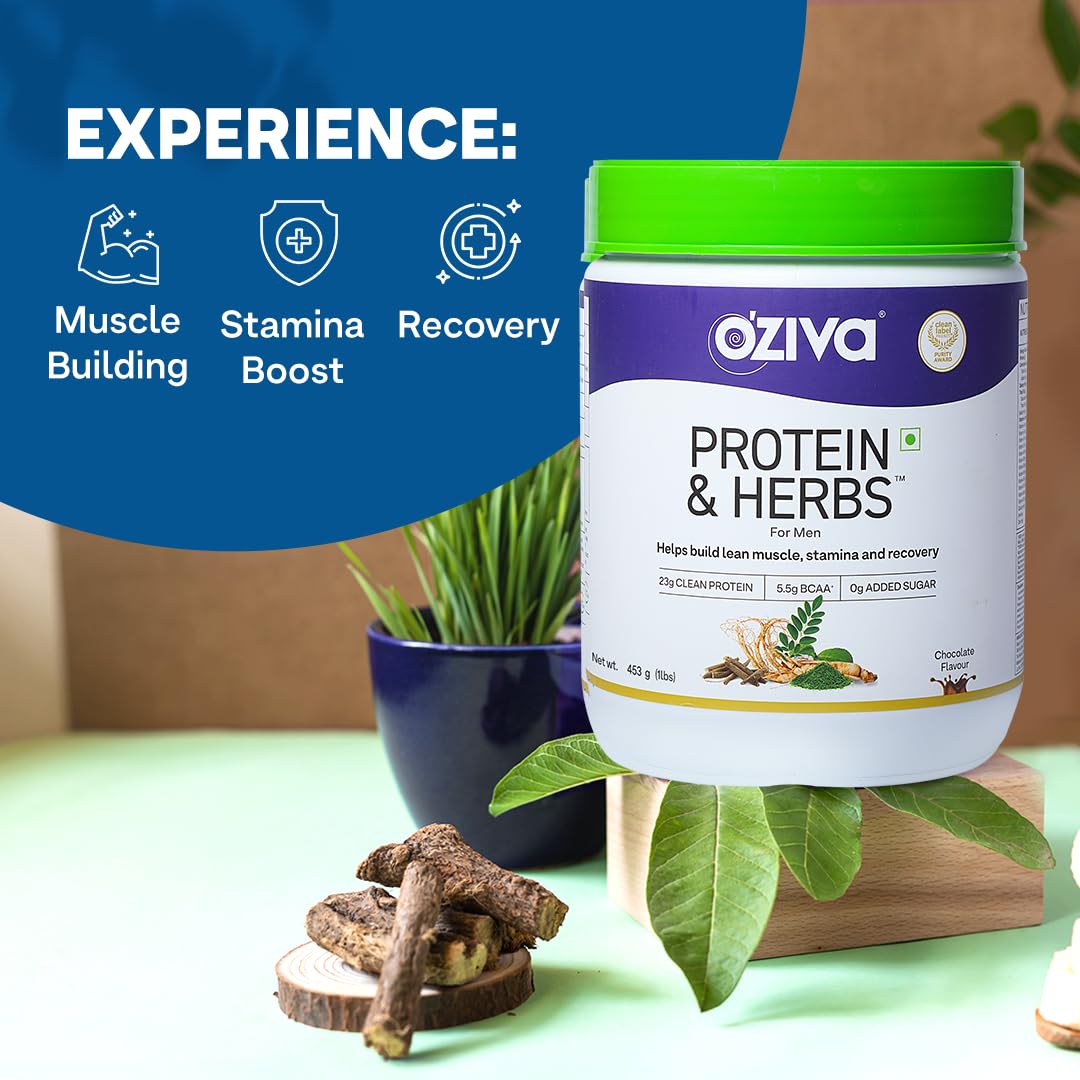 OZiva Protein & Herbs for Men (Banana Caramel) I Muscle Building, Stamina & Recovery | Clean Protein, Shatavari, Green Tea I No Added Sugar, 1lbs (453gm)