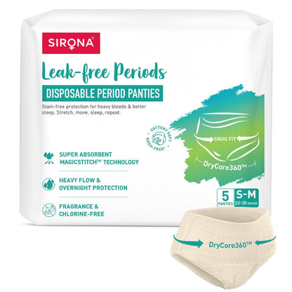 Sirona Disposable Period Panty for Girls & Women |S-M | Pack of 5 | 360Â° Coverage for Stress Free Periods | Leakage Protection for Heavy Flow | Rash Free | Super Absorbent with Comfortable Fit