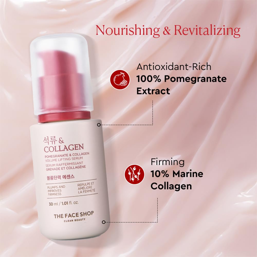The Face Shop Collagen & Pomegranate Volume Lifting Face Serum | With 10% Marine Collagen & Hyaluronic Acid for Firming, Wrinkle Care & Intense Hydration | Korean Skincare Serum, 30ml