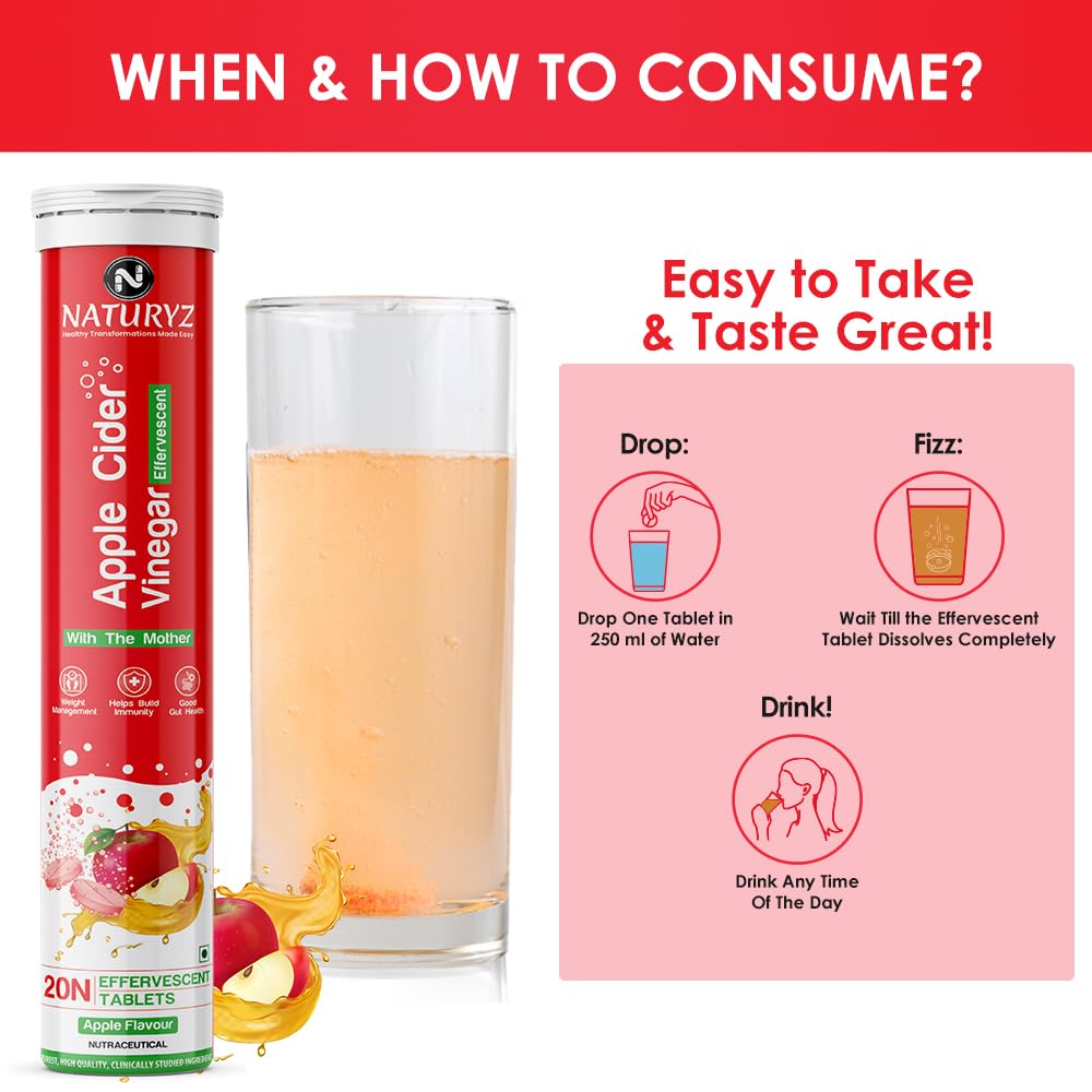 Naturyz Apple Cider Vinegar Effervescent with L Carnitine, Garcinia cambogia | Control Cravings | Beetroot for Detox & Energy| Immunity | Inulin Fibre Supports Digestion | Gluten-Free | No Maltodextrin & No Added Sugar | Vegan - 20 tablets (Apple Flavour)