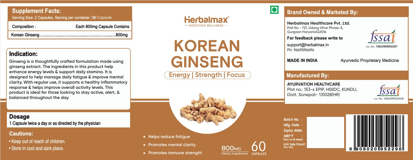 Herbal Max Korean Ginseng Capsules â€“ 60 Veg Capsules | Boosts Immunity, Stamina & Energy | Natural Stress Support | Ayurvedic Supplement for Men & Women