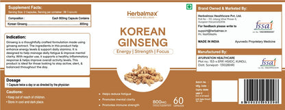 Herbal Max Korean Ginseng Capsules â€“ 60 Veg Capsules | Boosts Immunity, Stamina & Energy | Natural Stress Support | Ayurvedic Supplement for Men & Women